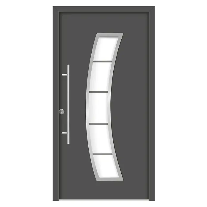 Splendoor Haustür Thermodoor PLUS SP10 - 100 x 210 cm, DIN Anschlag: Links, Anthrazitgrau Feinstruktur - Abbildung einer modernen grauen Haustür mit einem eleganten, gebogenen Glaseinsatz und einem vertikalen Türgriff aus Edelstahl.