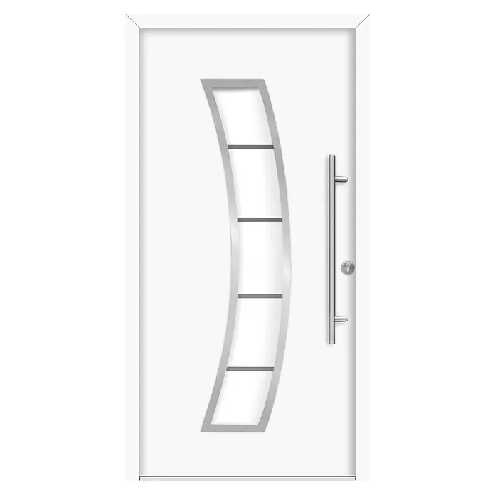 Splendoor Haustür Thermodoor PLUS SP10 - 100 x 210 cm, DIN Anschlag: Rechts, Verkehrsweiß - Elegante weiße Tür mit modernem Design, einschließlich eines vertikalen Metallgriffs und dekorativen Metalleinsätzen.