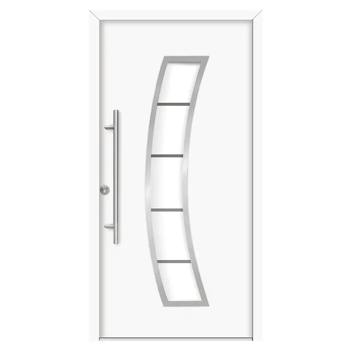 Splendoor Haustür Thermodoor PLUS SP10 - 100 x 210 cm, DIN Anschlag: Links, Verkehrsweiß - Weiße Tür mit silbernem, gebogenem Zierelement und langem, vertikalem Türgriff. Moderne und elegante Hauseingangstür.