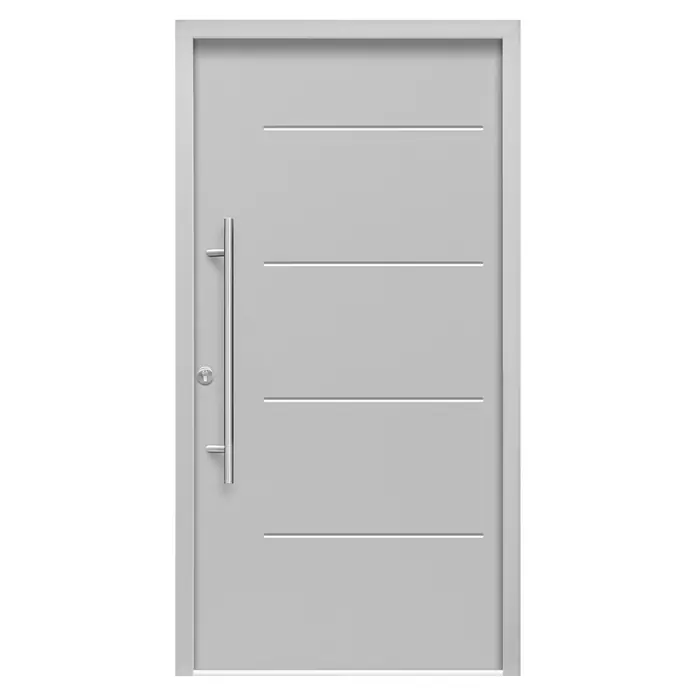 Splendoor Haustür Thermodoor PLUS SPL - 100 x 210 cm, DIN Anschlag: Links, Verkehrsgrau - Eine moderne, graue Haustür mit vier horizontalen Zierlinien und einem langen, vertikalen Türgriff aus Edelstahl.