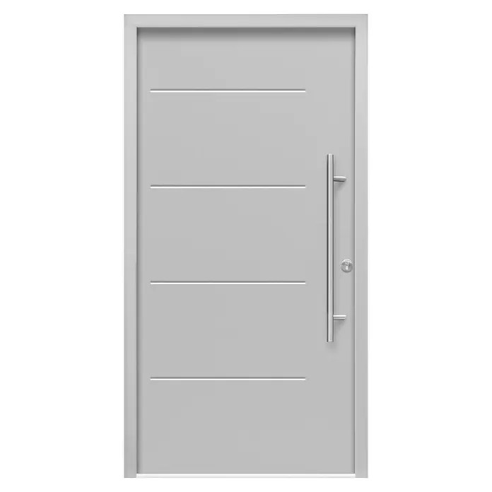 Splendoor Haustür Thermodoor PLUS SPL - 100 x 210 cm, DIN Anschlag: Rechts, Verkehrsgrau - Graue Haustür mit linearem Design und einem langen, vertikalen Griff. Eine moderne und stilvolle Eingangstür.