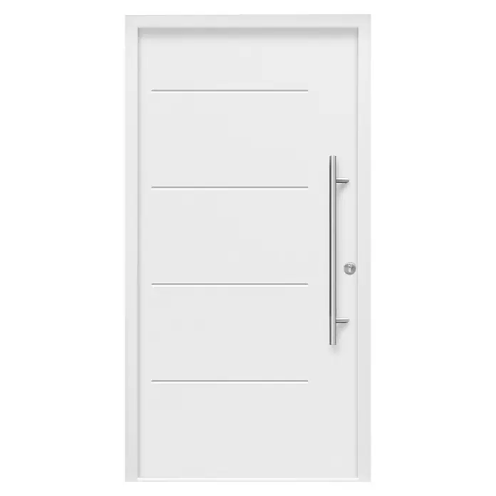 Splendoor Haustür Thermodoor PLUS SPL - 110 x 210 cm, DIN Anschlag: Rechts, Verkehrsweiß - Elegante weiße Haustür mit horizontalen Rillen und einem langen, silbernen Griff. Ein modernes und stilvolles Design für Ihr Zuhause.
