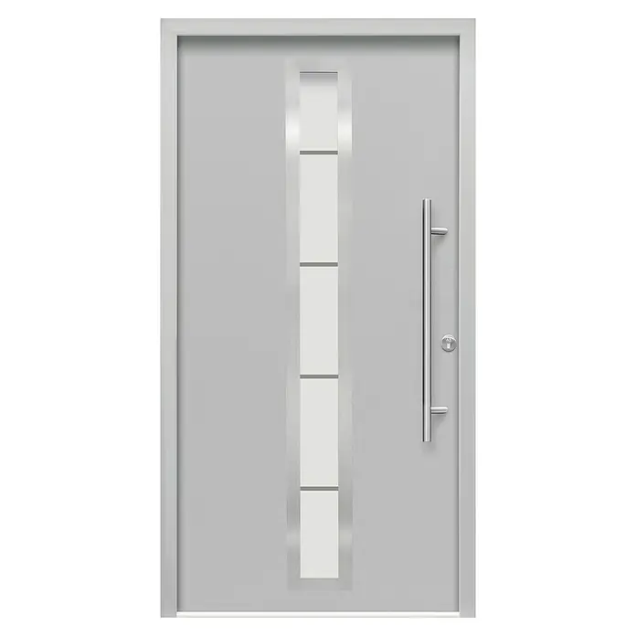 Splendoor Haustür Thermodoor PLUS SP70 - 110 x 210 cm, DIN Anschlag: Rechts, Verkehrsgrau - Eine moderne, graue Haustür mit vertikalen Glasausschnitten und einem eleganten, langen Türgriff aus Metall, die einen stilvollen Eingangsbereich schafft.