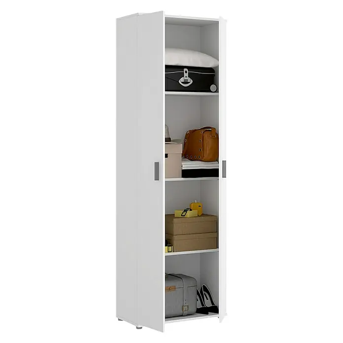 Dekit Armario multiusos de madera Fit - L x An x Al: 35 x 61 x 190 cm, Número de baldas: 4 ud., Blanco - Imagen de un armario blanco con múltiples estantes, lleno de ropa y accesorios.