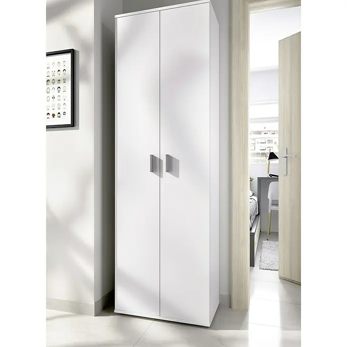 Dekit Armario multiusos de madera Fit - L x An x Al: 35 x 61 x 190 cm, Blanco - Un espacioso armario blanco de dos puertas ofrece amplio espacio de almacenamiento e idealmente se adapta a dormitorios modernos.