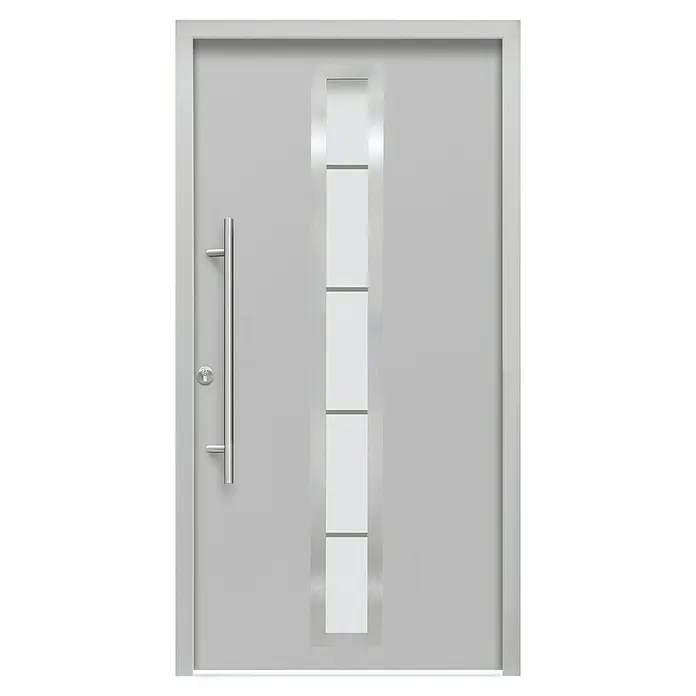 Splendoor Haustür Thermodoor PLUS SP70 - 110 x 210 cm, DIN Anschlag: Links, Verkehrsgrau - Eine moderne, graue Haustür mit einem schlanken, vertikalen Fensterdesign und einem eleganten, langen Türgriff.