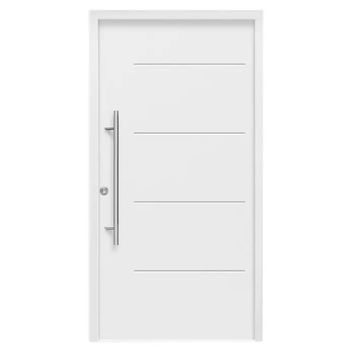 Splendoor Haustür Thermodoor PLUS SPL - 110 x 210 cm, DIN Anschlag: Links, Verkehrsweiß - Elegante, moderne Haustür in Weiß mit geradlinigem Design und einem langen, vertikalen Edelstahlgriff für einen zeitgemäßen Look.