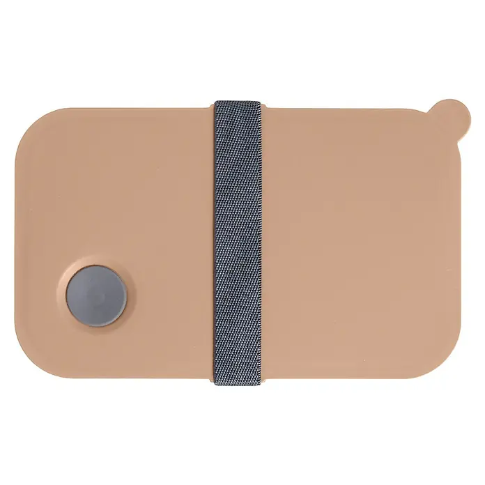 Fiambrera con banda elástica - L x An x Al: 11 x 19 x 6 cm, 1 l - Una fiambrera beige con una banda gris y un botón gris. Perfecta para llevar, mantiene la comida fresca y segura.