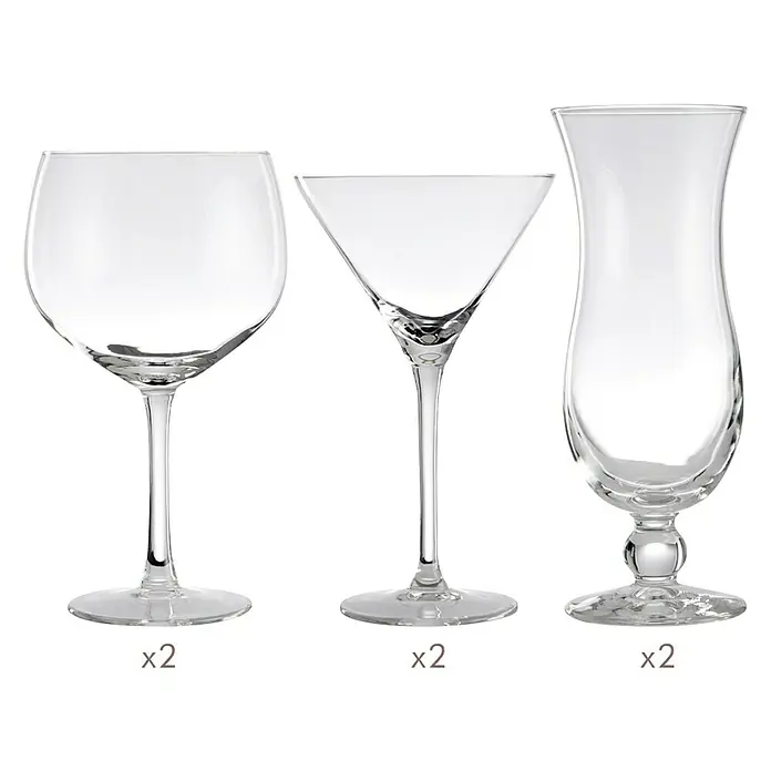 Set de copas de coctelería - Vidrio, 6 pzs. - La imagen muestra un primer plano de tres tipos distintos de copas de cóctel con dos de cada tipo alineadas una al lado de la otra.