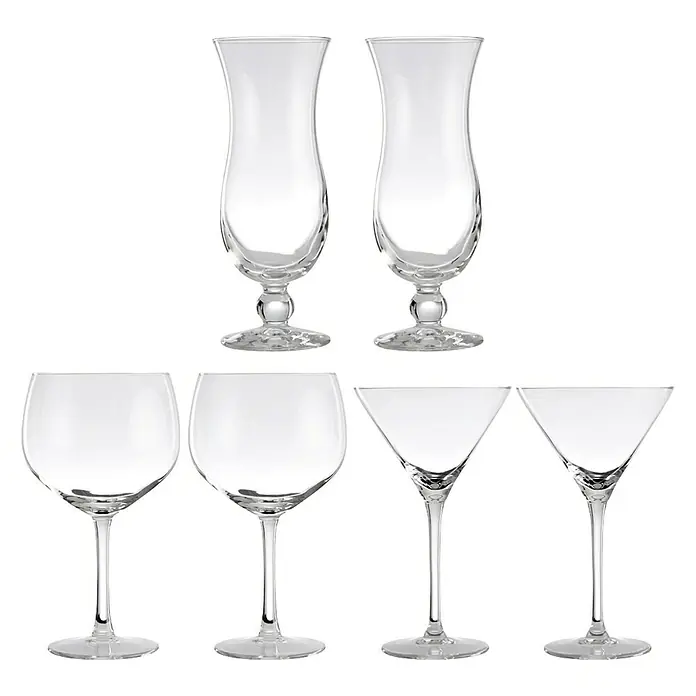 Set de copas de coctelería - Vidrio, 6 pzs. - Imagen con cuatro juegos de copas de cóctel: dos hurricane y dos Martini que combinan elegancia y sofisticación en la presentación.