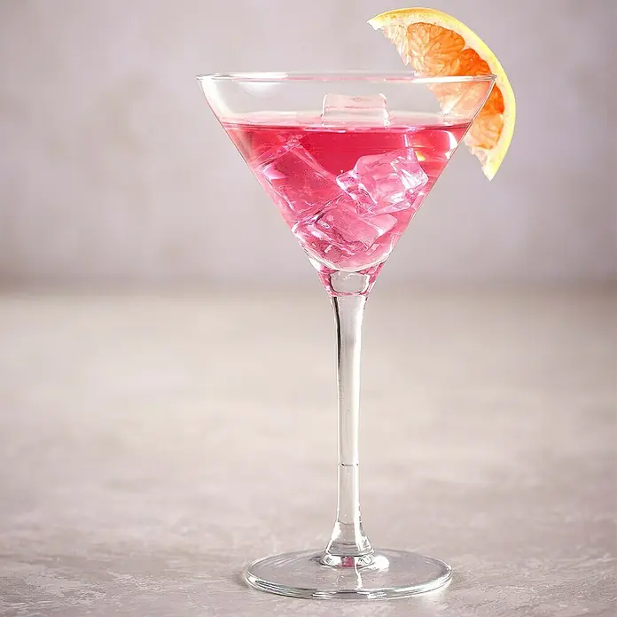Set de copas de coctelería - Vidrio, 6 pzs. - Elegante copa de cóctel rosa con cubitos de hielo y decoración de pomelo, ideal para disfrutar con estilo.