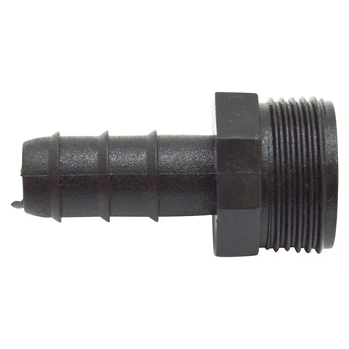 Conector para manguera goteo Macho - ¾″, 16 mm, Plástico - Conector de tubo de plástico negro con extremo acanalado y conector roscado para conexión de manguera.