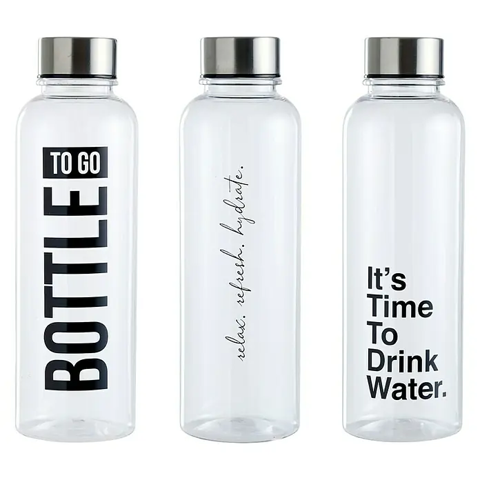Botella rellenable con tapón de acero - 500 ml, Material: Plástico - Tres botellas de agua reutilizables transparentes con diferentes inscripciones como "To Go Bottle".
