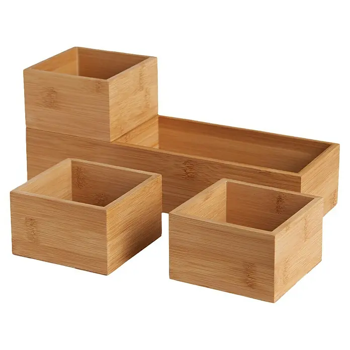 Set cajas de madera sin tapa - 4 pzs., Material: Madera - Juego de organizador de escritorio de madera, ideal para clasificar material de oficina o cosméticos. Está hecho de madera de bambú y es muy robusto.