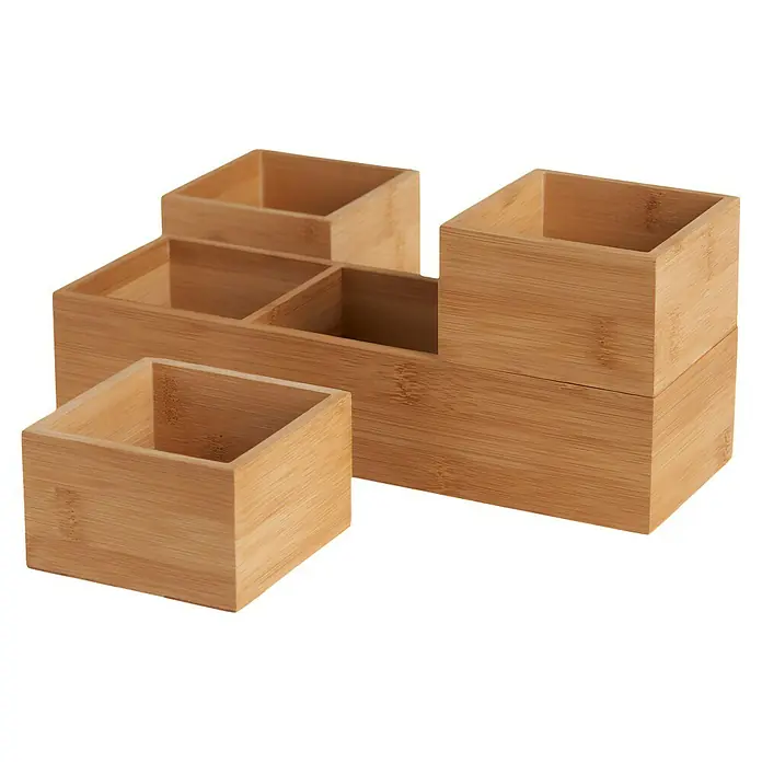 Set cajas de madera sin tapa - 4 pzs., Material: Madera - Mantén el orden con este organizador de bambú, ideal para cosméticos o material de oficina. Elegante y funcional para un hogar o espacio de trabajo ordenado.