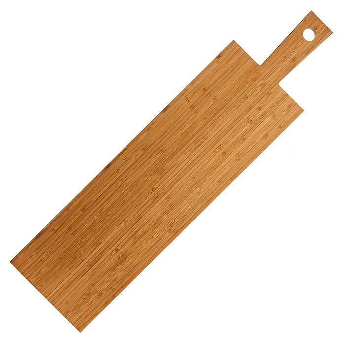 Tabla de cortar con mango - 16 x 61 x 1,5 cm, Bambú - Una tabla de cortar de bambú marrón alargada con mango y un agujero para colgar. Ideal para preparar alimentos.