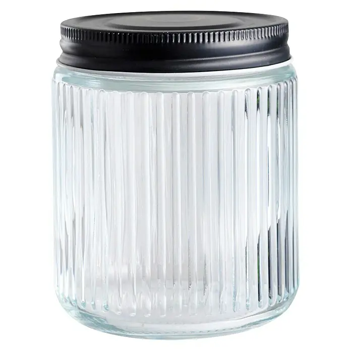 Frasco con relieve - Ø x Al: 9,2 x 11,2 mm, 500 ml, Vidrio - Tarro de vidrio con superficie acanalada y tapa negra. Ideal para almacenar alimentos o como elemento decorativo en la cocina.