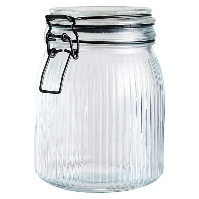 Frasco con cierre mecánico - 900 ml, Vidrio - Tarro de vidrio con estrías y cierre de clip. Perfecto para el almacenamiento en la cocina. Versátil y decorativo.