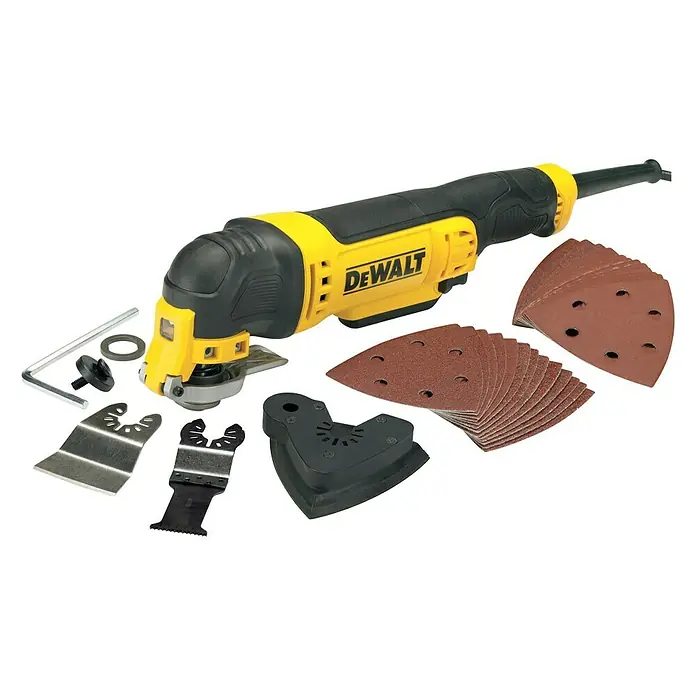 DeWalt Elektro-Multifunktionswerkzeug DWE315 - 300 W, Sonstige - Abbildung eines DeWalt-Oszillierwerkzeugs mit Zubehör, das für verschiedene Schneid- und Schleifarbeiten verwendet wird.