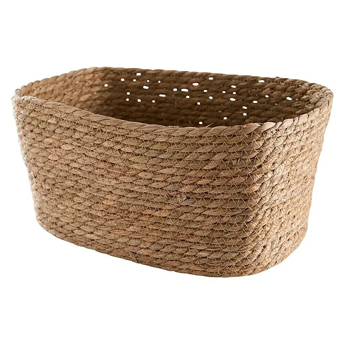 Cesta de junco - L x An x Al: 24 x 34 x 17 cm, Natural - Cesta rectangular de fibras naturales con un tejido decorativo, ideal para almacenamiento y decoración.