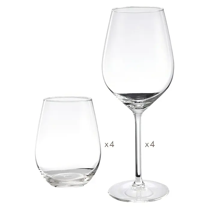 Set de copas y vasos - Vidrio, 8 pzs. - Elegante juego de 4 copas de vino y 4 vasos sin pie. Un diseño atemporal para cada ocasión.