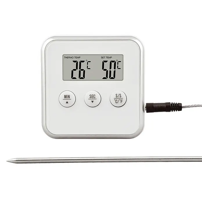 Termómetro de cocina imantado - L x An x Al: 8 x 18 x 8 cm, Específico para: Carnes - Termómetro digital que muestra la temperatura actual y la temperatura objetivo establecida para una cocción precisa.