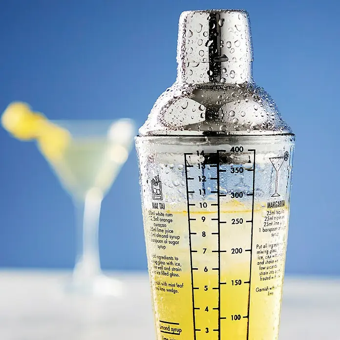 Vaso coctelera - 400 ml, Vidrio, Tranasparente - Coctelera con recetas y marcadores de nivel, ideal para preparar cócteles Mai Tai y Margarita.