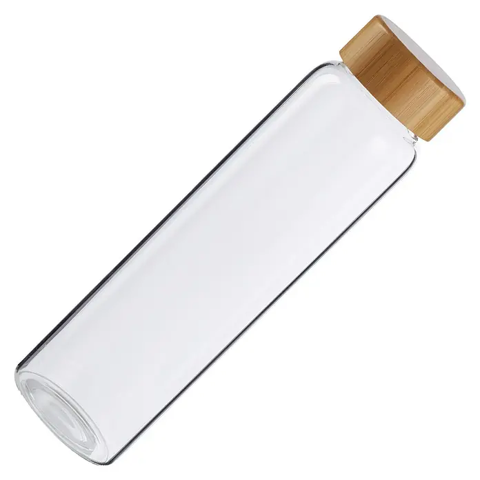 Botella de vidrio - 1 l, Material: Vidrio - Una elegante botella de agua de vidrio transparente con una tapa de madera natural, que desprende un estilo minimalista y ecológico para la hidratación.