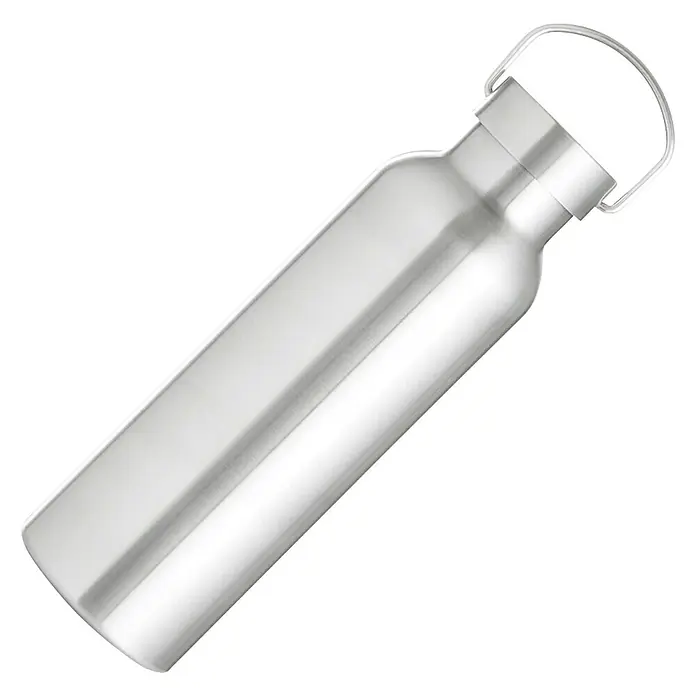 Termo para beber de acero inoxidable - Ø x Al: 7,3 x 24 cm, 500 ml - Botella de agua de acero inoxidable plateada con asa sobre fondo negro. Ideal para deportes, alternativa ecológica.