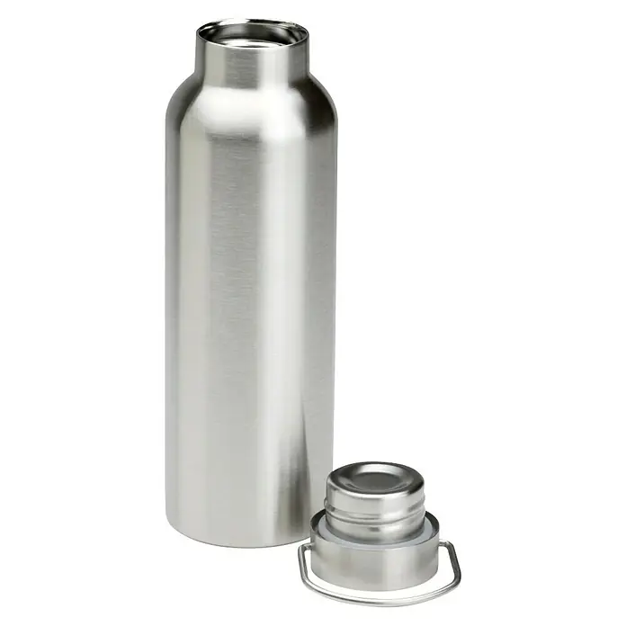 Termo para beber de acero inoxidable - Ø x Al: 7,3 x 24 cm, 500 ml - Una botella de agua reutilizable de acero inoxidable de color plateado con la tapa abierta, ideal para la hidratación en movimiento y ecológica.