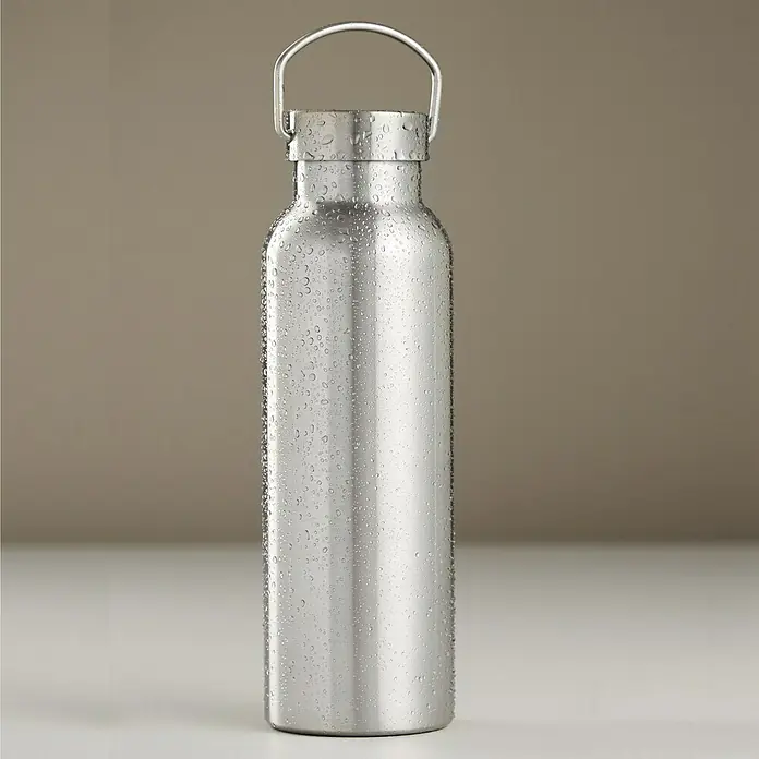 Termo para beber de acero inoxidable - Ø x Al: 7,3 x 24 cm, 500 ml - Botella de agua plateada con gotas de agua y asa de transporte práctica. Ideal para llevar y un accesorio elegante para el día a día.