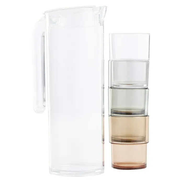 Jarra con vasos - Capacidad volumétrica: 1 l, Plástico - Jarra de agua de vidrio transparente con vasos a juego, apilados, elegante y funcional para el uso diario.