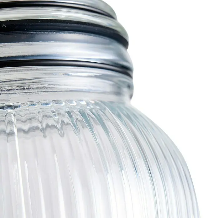 Frasco con cierre mecánico - 1,9 l, Vidrio - Primer plano de un frasco de vidrio con una textura acanalada y una tapa plateada con un sello negro.