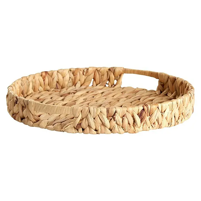 Bandeja natural - Diámetro: 32 cm, Fibra natural, Natural - Bandeja redonda de servir de jacinto de agua con asas prácticas para transportar y servir fácilmente. Decoración natural y elegante para el hogar.