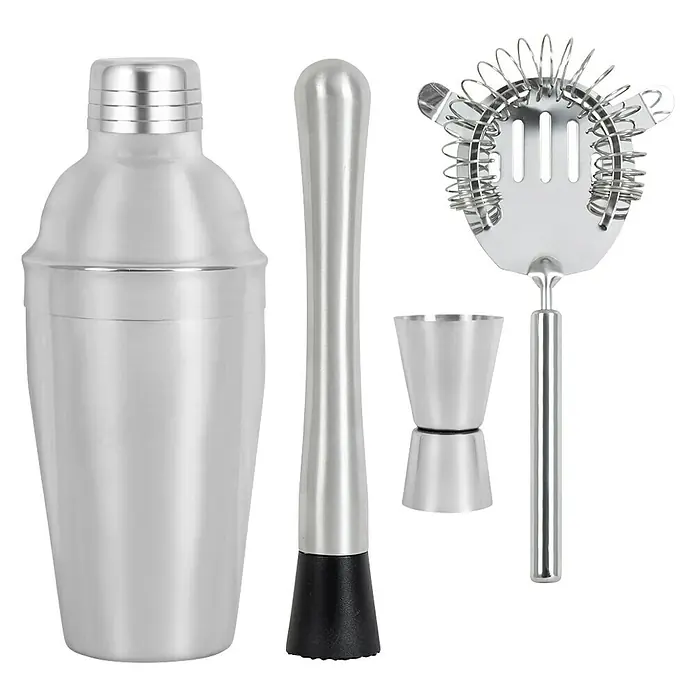 Vaso coctelera con utensilios - 500 ml, Metal, 4 pzs. - Set de cóctel de acero inoxidable con coctelera, mazo, medidor y colador para preparar deliciosas bebidas.