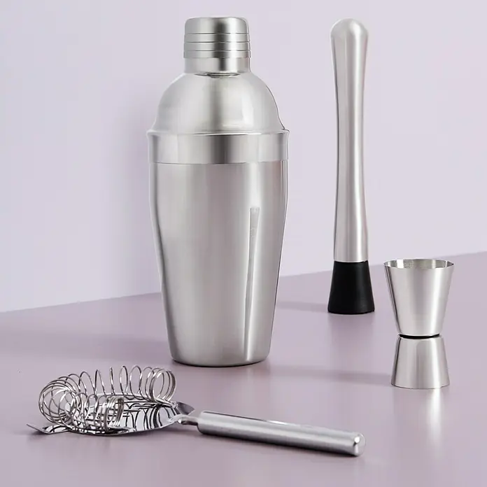 Vaso coctelera con utensilios - 500 ml, Metal, 4 pzs. - Juego de cóctel de acero inoxidable con coctelera, mortero, medidor y colador para cócteles perfectos.