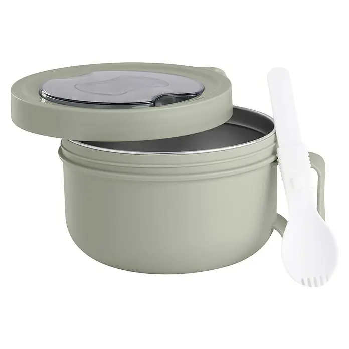 Fiambrera con asa - Ø x Al: 14,5 mm x 9,3 cm, 850 ml - Contenedor térmico de alimentos verde oliva con tapa y cuchara, ideal para comidas para llevar, manteniendo la comida caliente. Perfecto para sopas y guisos.