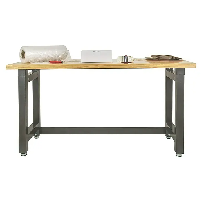 Wisent Werkbank - L x B: 182,5 x 63 cm, Arbeitshöhe: 96 cm, Belastbarkeit: 450 kg, Grau - Ein stabiler Arbeitstisch mit Holzplatte und Metallbeinen, ideal zum Verpacken und Versenden von Waren mit Verpackungsmaterialien darauf.