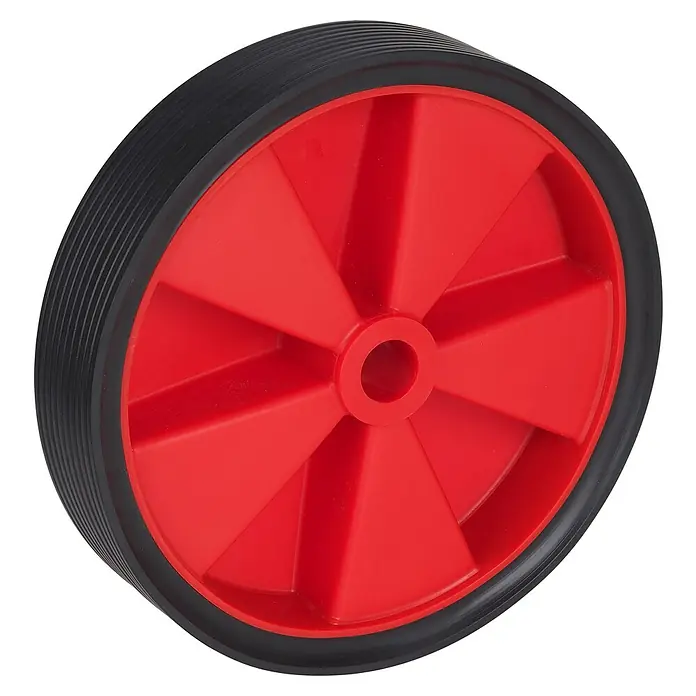 Dörner & Helmer Leichtes Rad - Durchmesser: 200 mm, Traglast: 25 kg, Gleitlager, Profil: Rillenprofil - Nahaufnahme eines roten Kunststoffrades mit schwarzem Gummireifen, ideal für verschiedene Anwendungen.