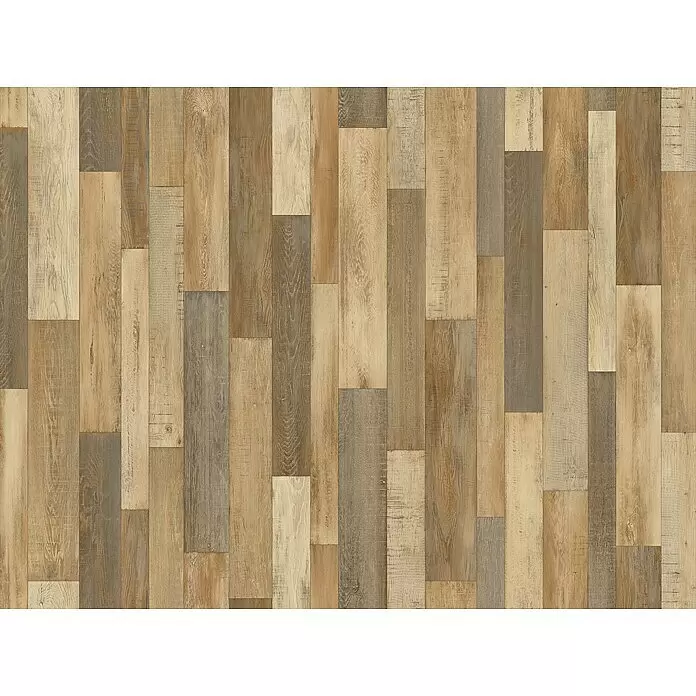 Beauflor PVC-Boden Meterware Artemis - 400 cm, Braun - Bodenbelag in Altholzoptik mit Dielen in verschiedenen Braun- und Grautönen, im Versatzmuster verlegt.
