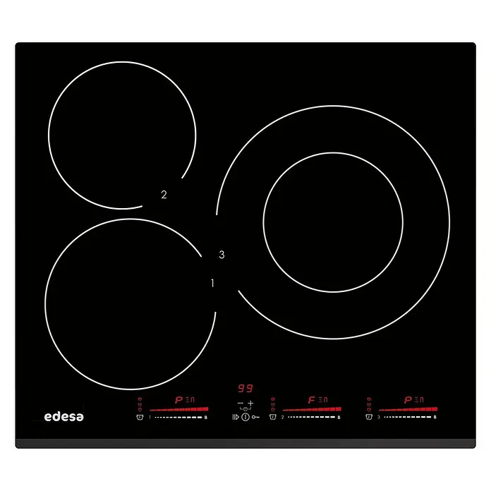 Edesa Placa de cocción EIM-6330 B - Número de fogones de inducción: 3 ud. - La placa de inducción Edesa en negro presenta tres zonas de cocción y controles digitales para cocinar.