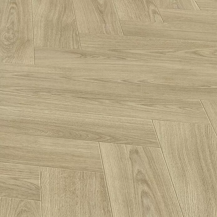 Beauflor PVC-Boden Meterware Tex-Style - Holzoptik, Breite: 400 cm, Natur - Hellbraune Holzbodenplatten im Fischgrätmuster mit Maserung.