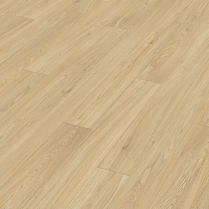 Beauflor PVC-Boden Meterware Plaza - 400 cm, Summer Oak, Natur - Nahaufnahme von hellem Laminatboden in Holzoptik, der ein modernes und sauberes Ambiente vermittelt. Die Textur ist deutlich erkennbar.