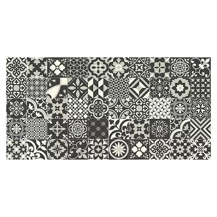 Beauflor PVC-Boden Meterware Tex-Style - Sonstige, Breite: 300 cm, Schwarz/Grau - Eine Sammlung dekorativer Zementfliesen in verschiedenen Schwarz-, Grau- und Cremetönen, die ein Mosaik bilden.