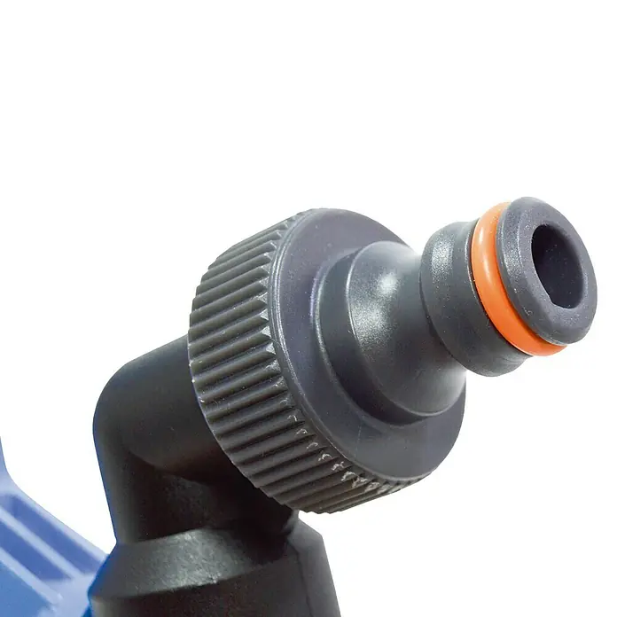 Grifo de esfera Anti-hielo - Negro, Conector rápido, Rosca interior: 1″ - Primer plano de un conector de manguera de jardín gris con un anillo de sellado naranja. Accesorio práctico para sistemas de riego.