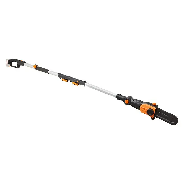 Worx PowerShare 20V Akku-Hochentaster WG349E.9 - 20 V, Li-Ionen, Ohne Akku - Das Bild zeigt eine WORX Akku-Hochentaster, ein Werkzeug zum Schneiden von Ästen in großer Höhe. Ideal für die Gartenarbeit.