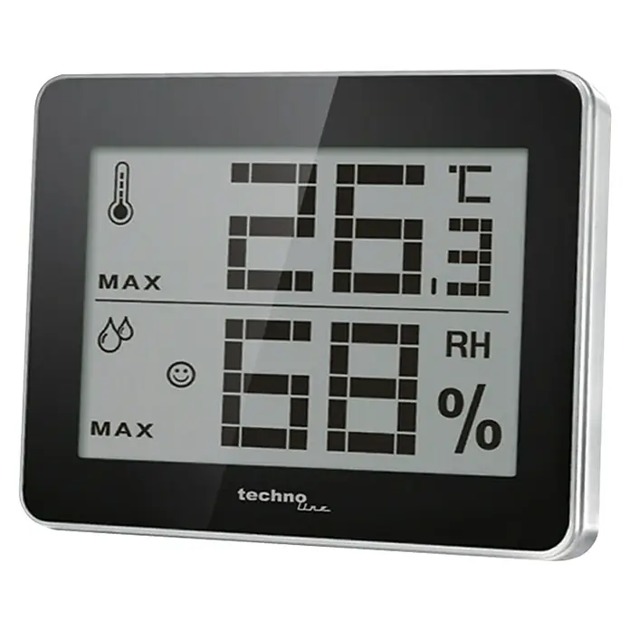 Technoline Thermometer WS 9450 - LC-Display, Batteriebetrieben, Schwarz, 10 x 1 x 8,1 cm - Elektronisches Thermometer von Technoline mit Anzeige von Temperatur (26,3 °C) und Luftfeuchtigkeit (68 % RH) für den Innenbereich.
