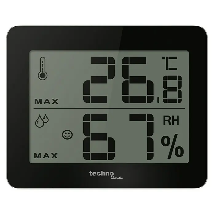 Technoline Thermometer WS 9450 - LC-Display, Batteriebetrieben, Schwarz, 10 x 1 x 8,1 cm - Ein Thermometer-Hygrometer der Marke Technoline, das Temperatur und Luftfeuchtigkeit anzeigt.\n