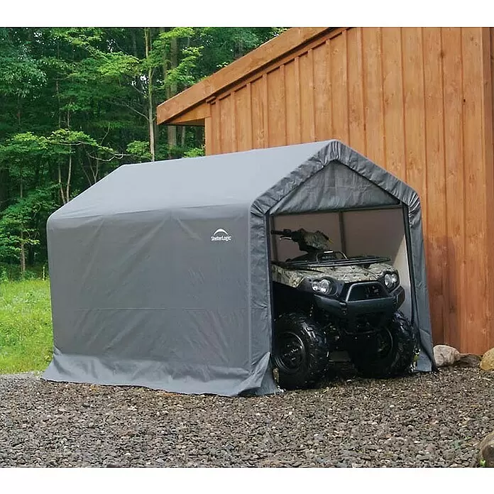 ShelterLogic Gerätehaus - Außenbreite inkl. Dachüberstand: 180 cm, Außentiefe inkl. Dachüberstand: 300 cm, Stahl, Grau - Stimmungsaufnahme