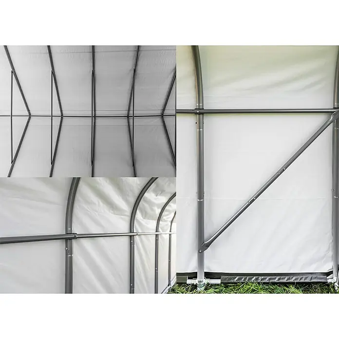 ShelterLogic Garage - 730 x 680 x 380 cm, Stahl - Detailansicht eines Gewächshausrahmens mit Fokus auf die Stahlkonstruktion und die weiße Abdeckung.